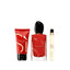 Red Giorgio Armani Si Passione fragrance gift set with a 100ml perfume bottle, a 50ml body lotion tube, and a 10ml travel spr