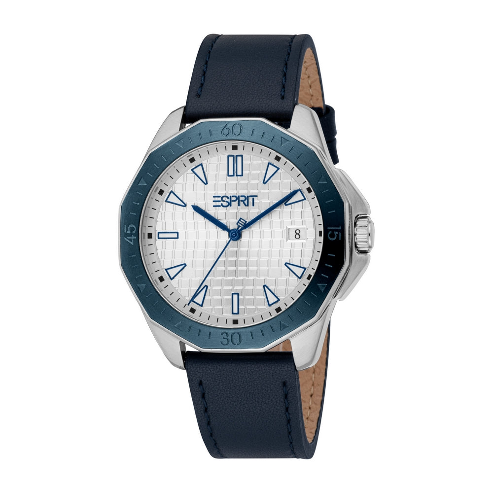 Esprit Onyx Gents Silver Dial &amp; Case Blue Bezel Blue Leather Strap Watch