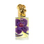 Clear rectangular perfume bottle with yellow liquid, a purple and black floral label, and a gold-toned sculptural cap.