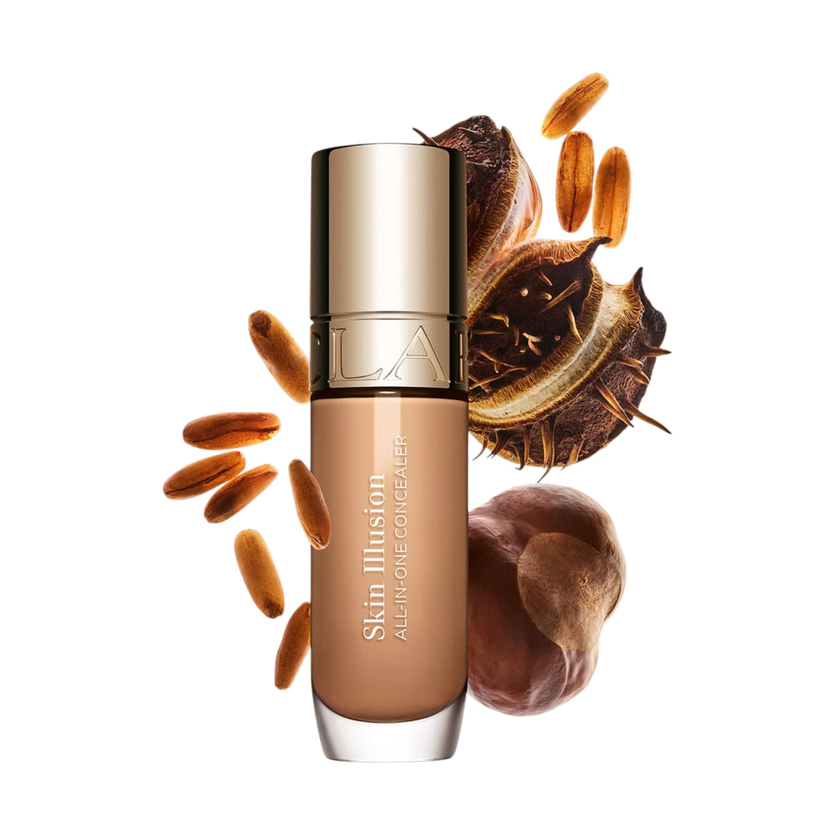 Light brown concealer bottle with a gold-toned cap and a clear glass base. White text reads 'Skin Illusion ALL-IN-ONE CONCEAL