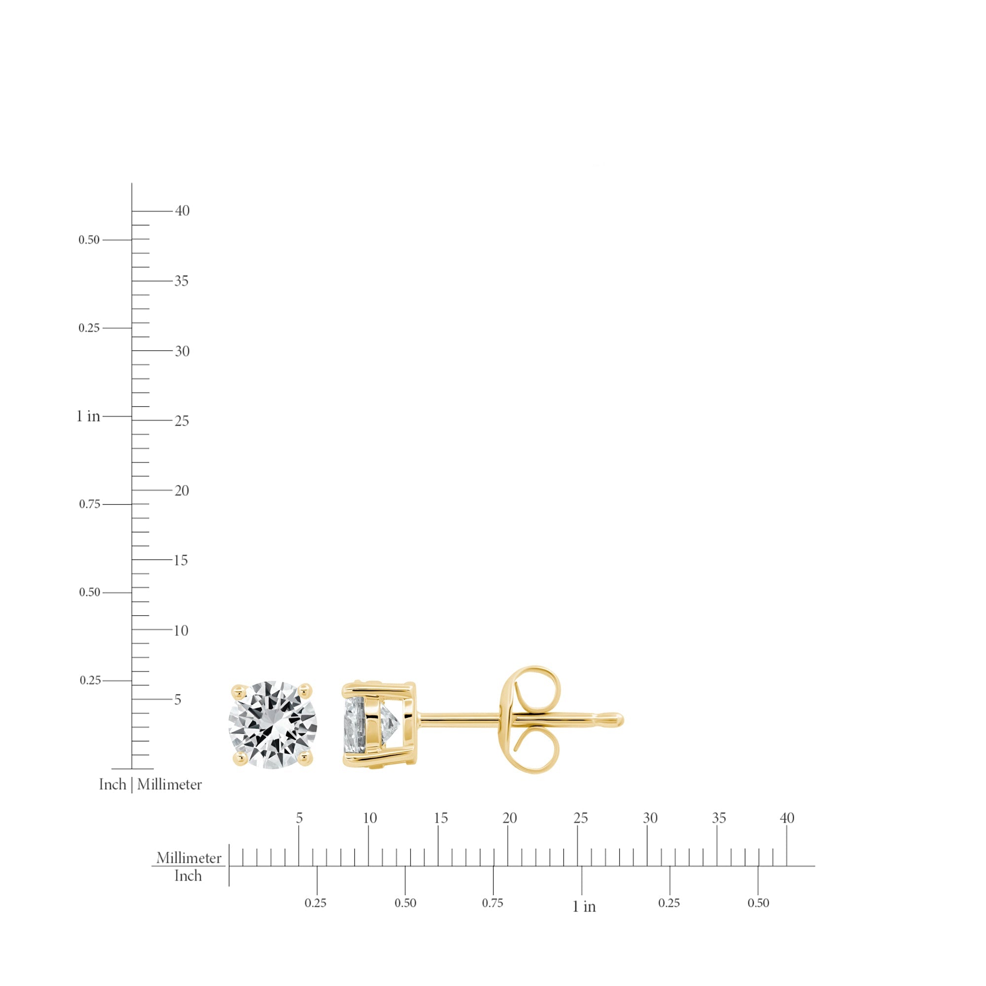 Gold-toned stud earrings. One features a round, clear faceted stone in a four-prong setting. The other shows a post and butte