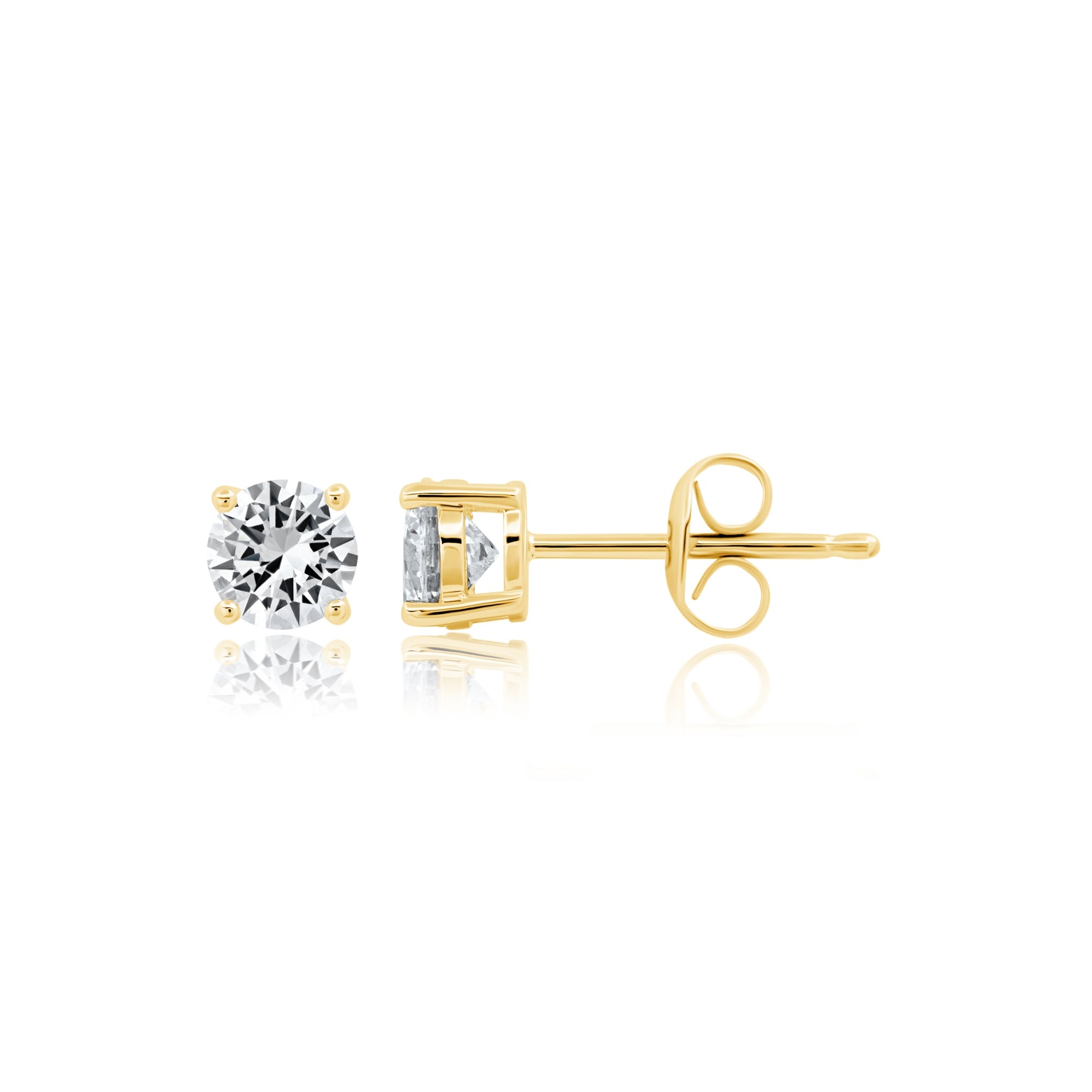 Pair of gold-toned stud earrings, each featuring a round brilliant-cut clear stone in a four-prong setting.