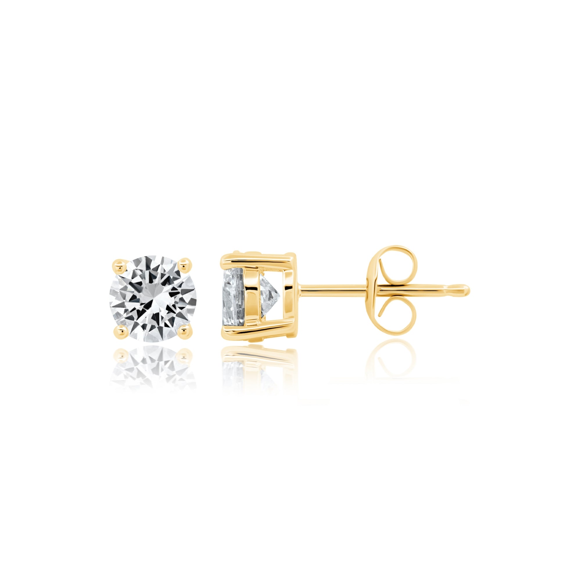 Pair of gold-toned stud earrings, each with a clear, round brilliant-cut stone in a four-prong setting. Main image