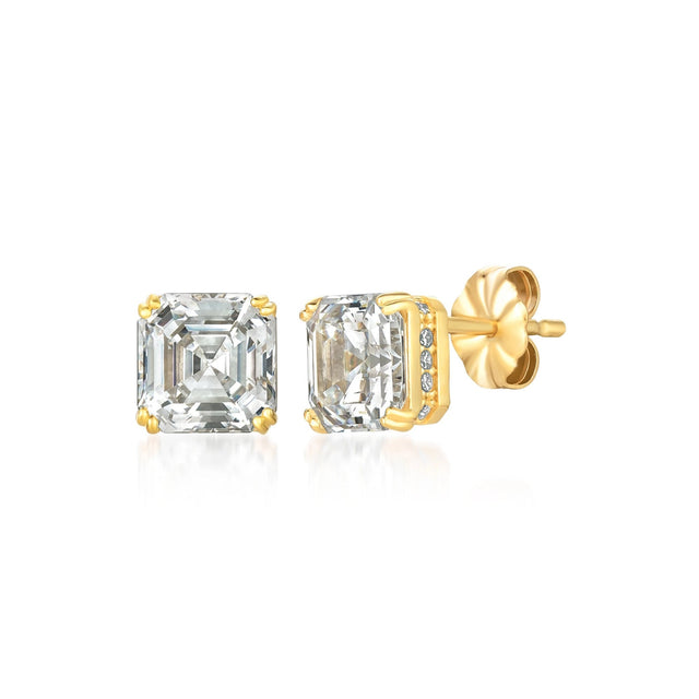 Pair of gold-toned stud earrings, each with a clear rectangular-cut stone and a row of smaller clear stones on the side.