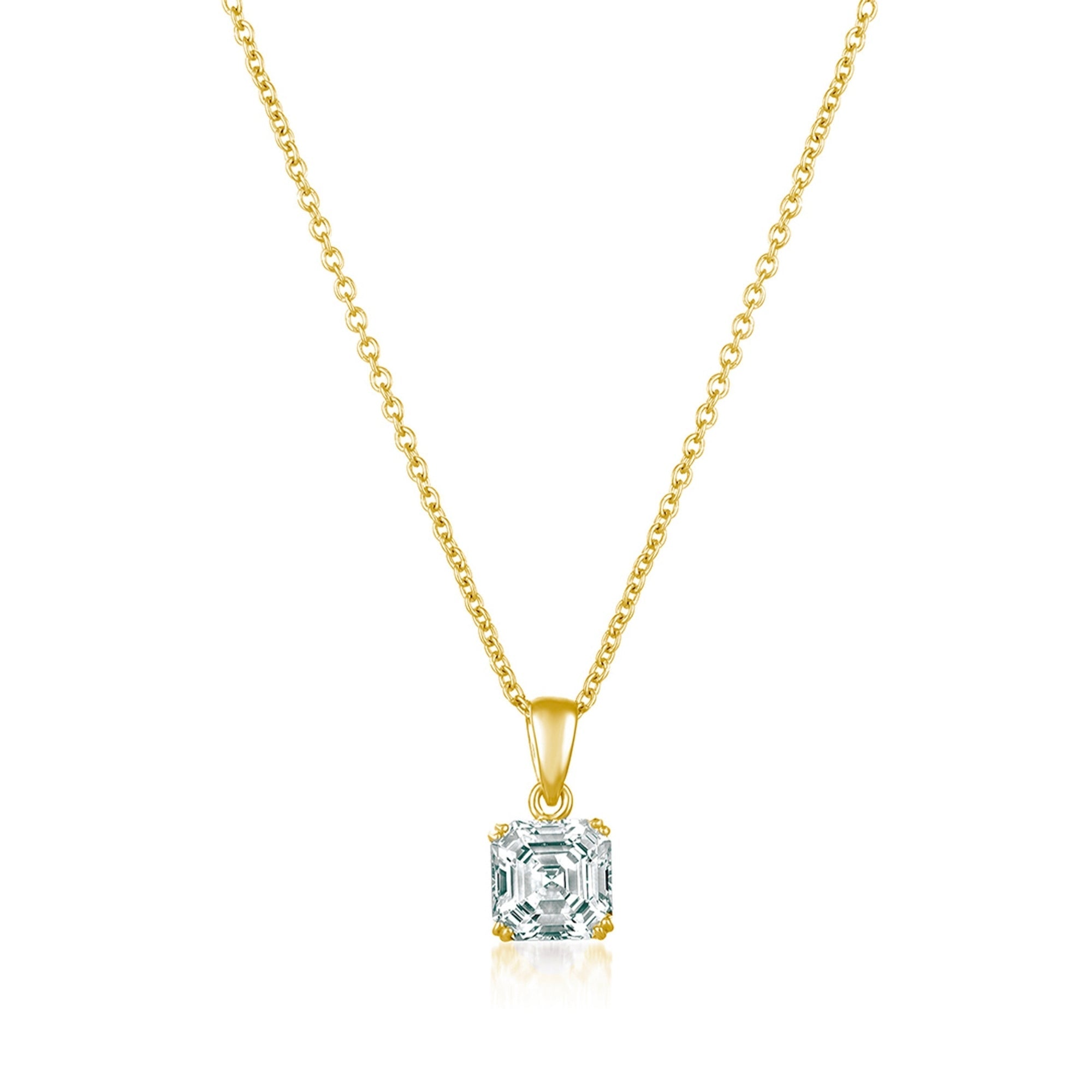 Gold-toned delicate chain necklace with a square, clear Asscher-cut stone pendant held by four prongs.