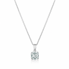 Silver-toned necklace with a delicate chain and a square, clear Asscher-cut pendant in a prong setting.