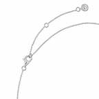 Silver-toned chain necklace with lobster clasp, extender chain, and a round clear stone at the end.