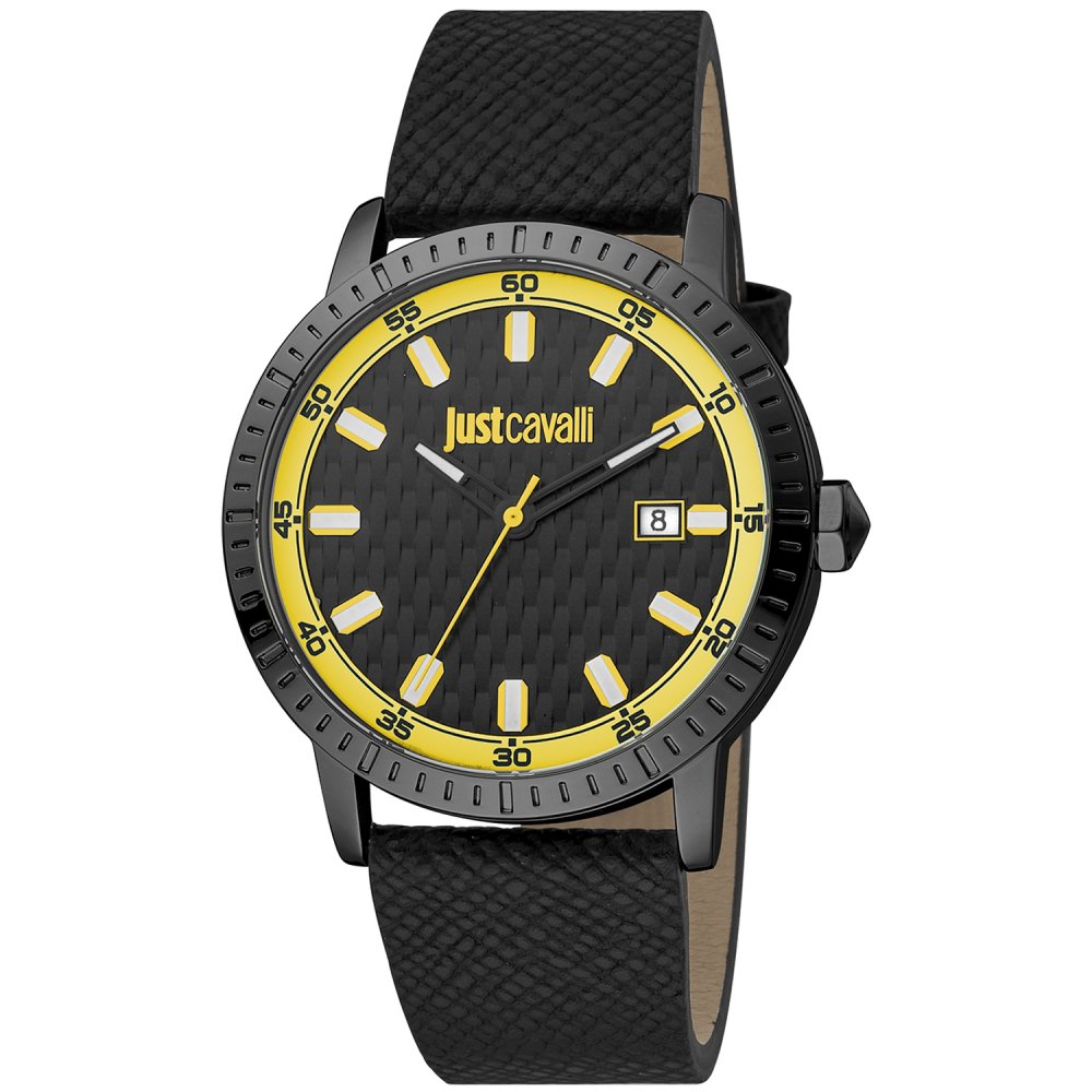 Just Cavalli Men's Black Yellow Dial Black Lehter Strap Watch Just Cavalli Men's Black Yellow Dial Black Lehter Strap Watch