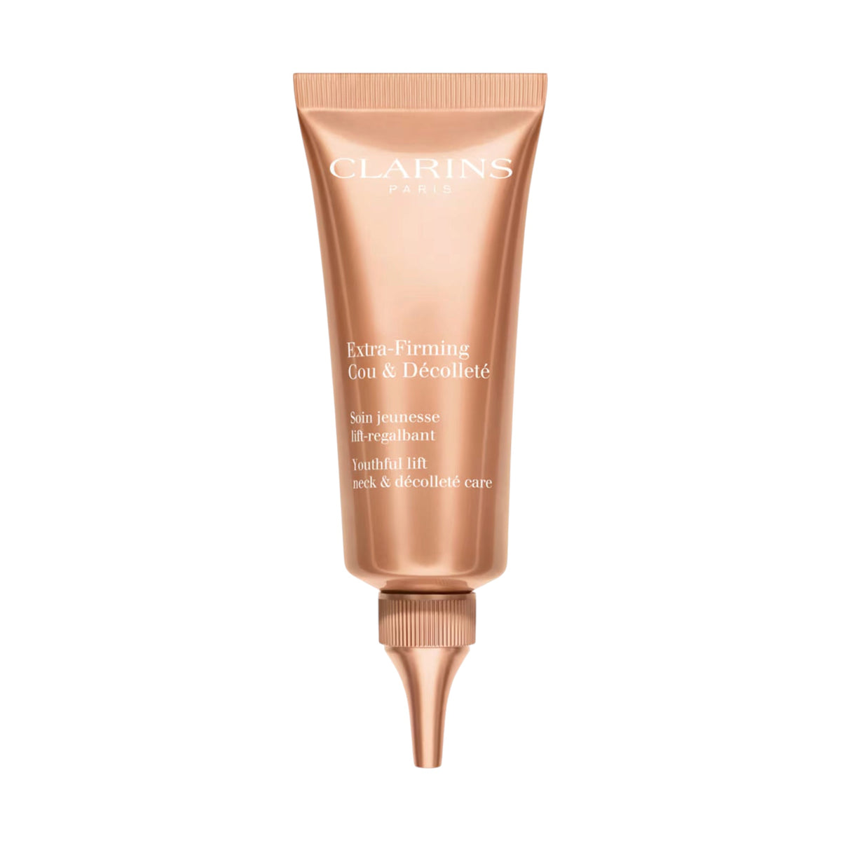 Rose gold-toned Clarins Extra-Firming Neck & Décolleté Care 75ml tube with a ribbed cap and tapered applicator.