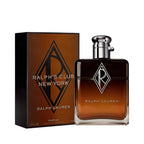 Rectangular perfume bottle with dark brown to amber liquid, silver-toned cap, and a silver-toned 'R' diamond emblem. Matching