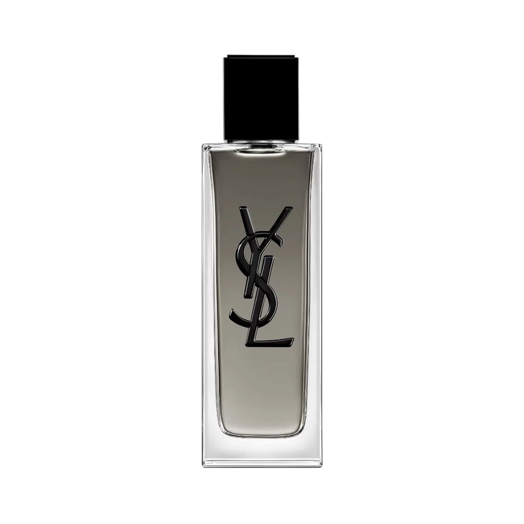 Clear glass rectangular bottle of YSL Myslf EDT Intense fragrance with a dark grey liquid and a black YSL logo, topped with a