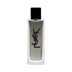 Clear glass rectangular bottle of YSL Myslf EDT Intense fragrance with a dark grey liquid and a black YSL logo, topped with a