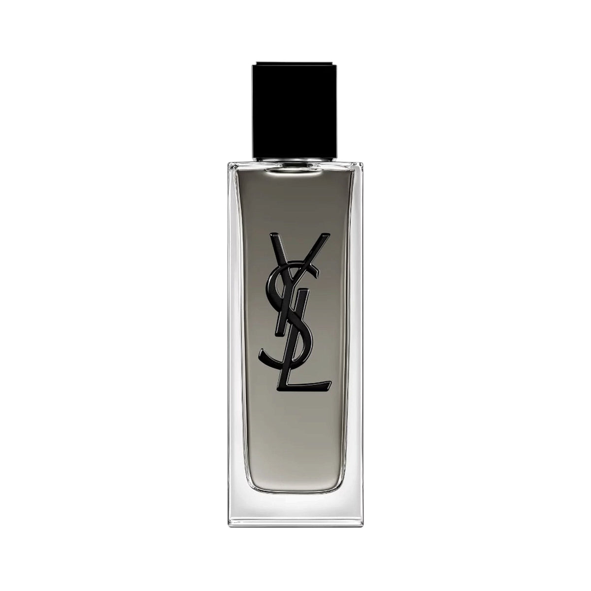 Clear glass rectangular bottle of YSL Myslf EDT Intense fragrance with a dark grey liquid and a black YSL logo, topped with a