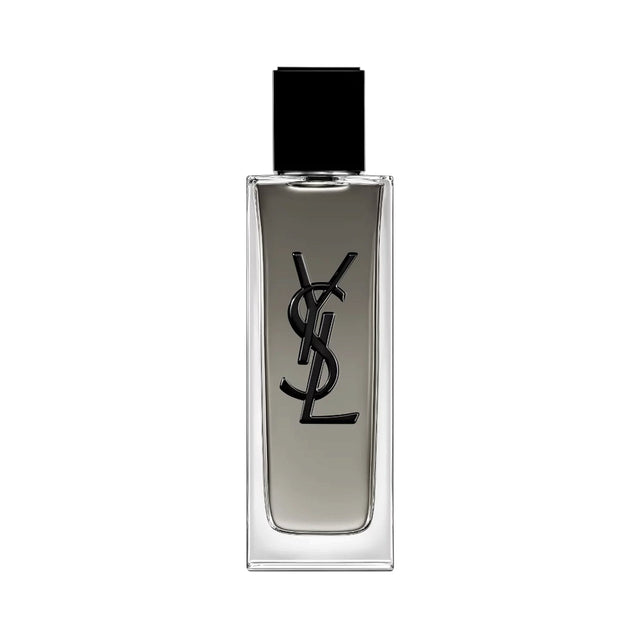 Clear glass rectangular bottle of YSL Myslf EDT Intense fragrance with a dark grey liquid and a black YSL logo, topped with a