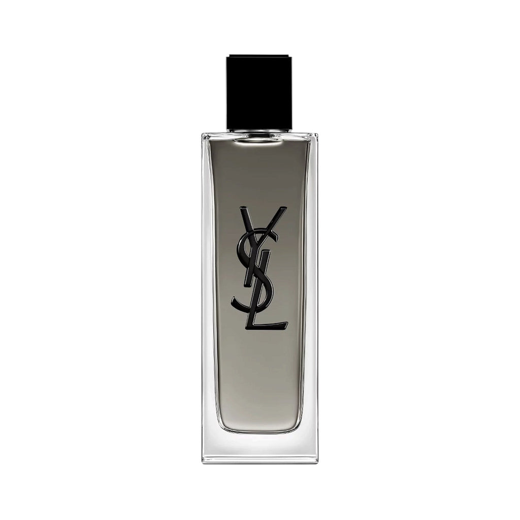Rectangular clear glass YSL Myslf EDT Intense fragrance bottle with a black cap and black YSL logo on the front, containing a