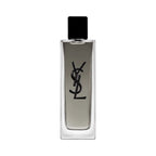 Rectangular clear glass YSL Myslf EDT Intense fragrance bottle with a black cap and black YSL logo on the front, containing a