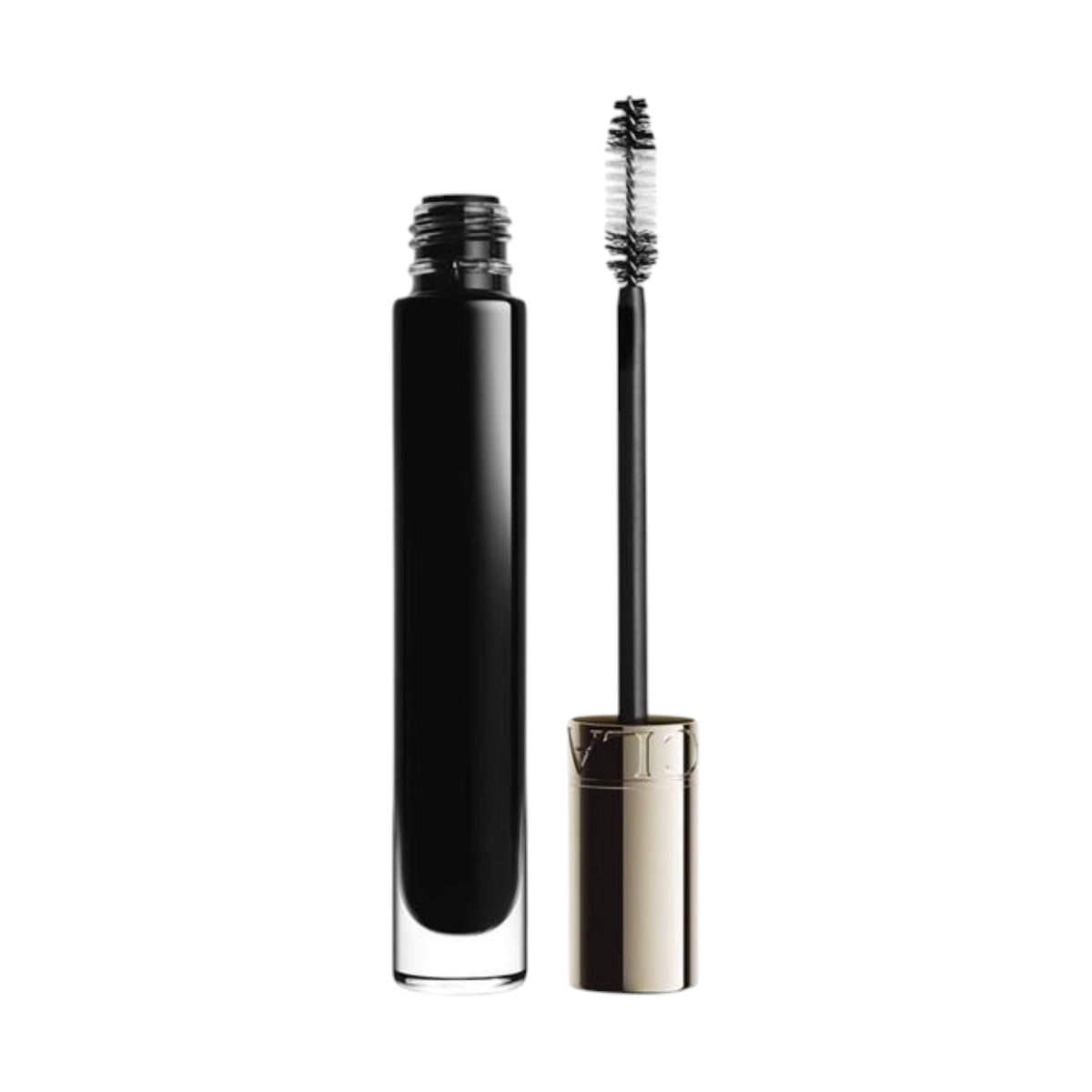 Black mascara tube with a gold-toned cap and a white bristled applicator wand Main image