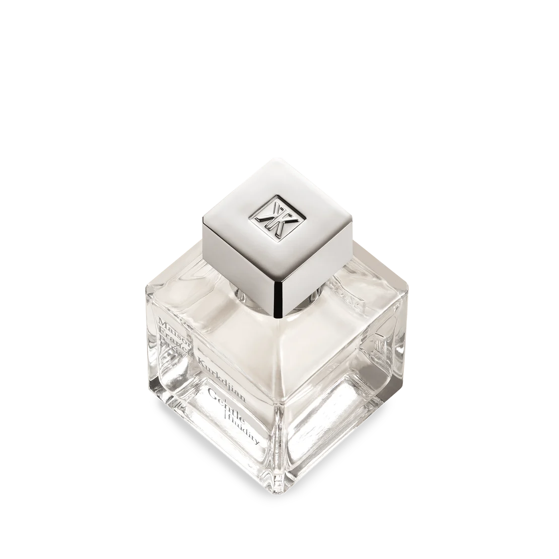 Clear square glass perfume bottle with a silver-toned square cap featuring an embossed MK logo. Contains clear liquid.