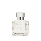 Clear rectangular glass perfume bottle with faceted edges and a silver-toned rectangular cap.