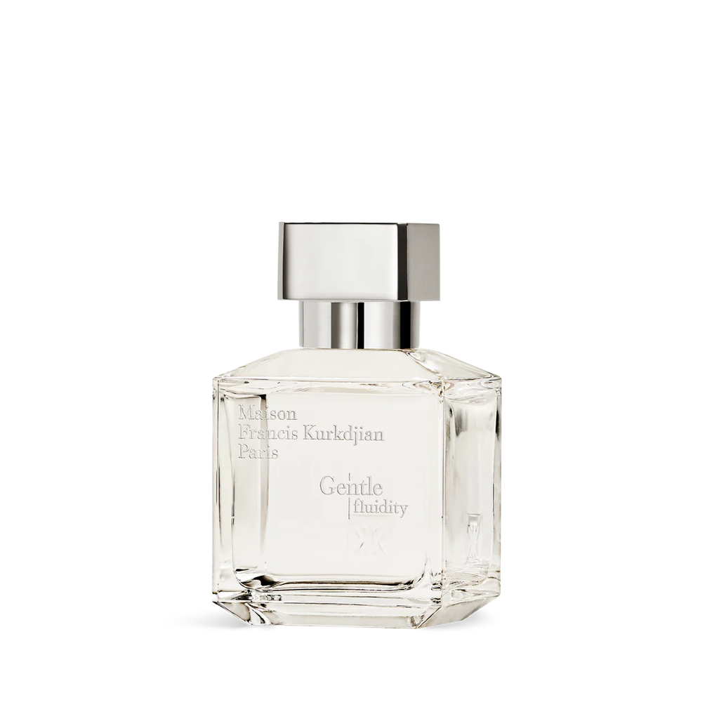 Clear rectangular glass perfume bottle with faceted edges and a silver-toned rectangular cap.