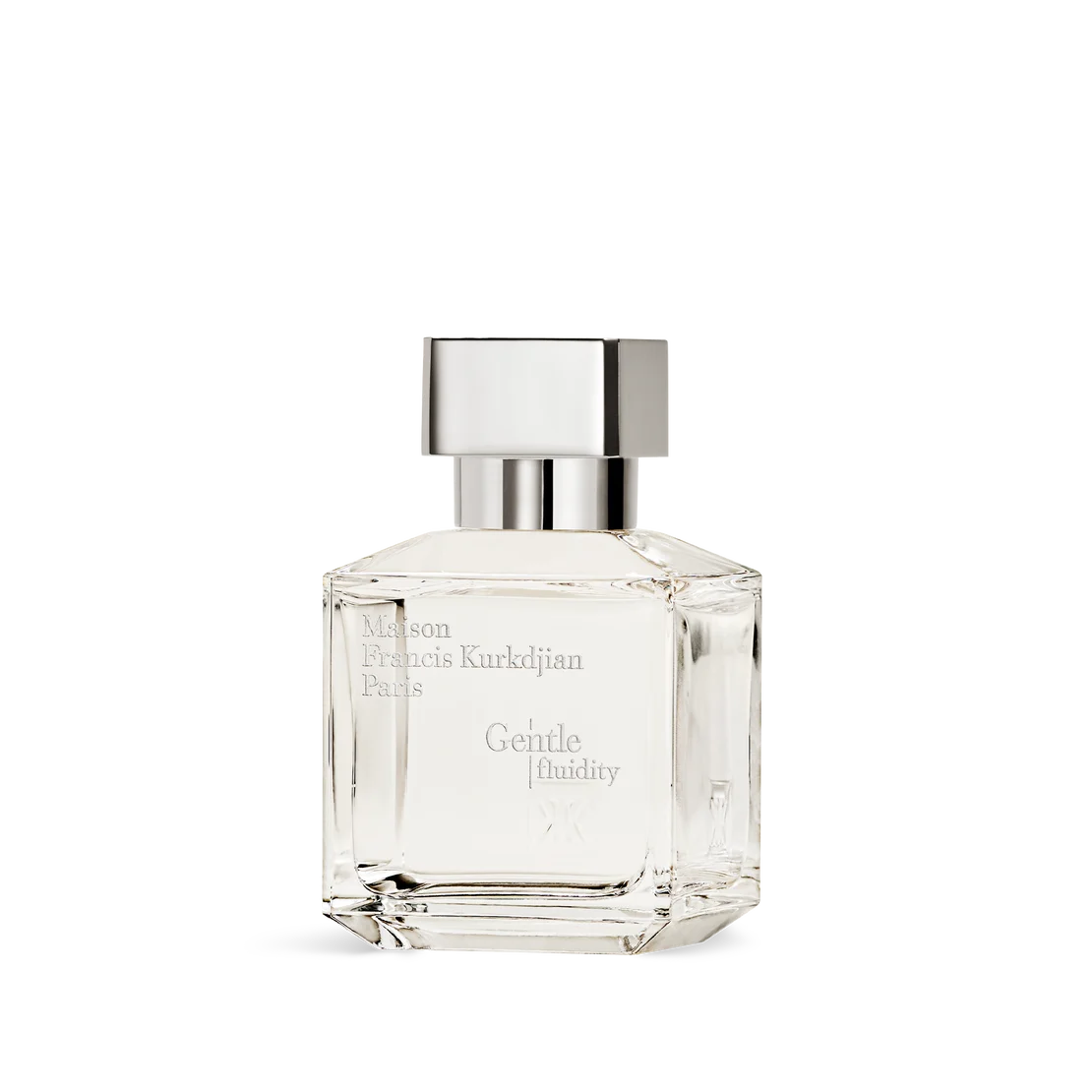 Clear rectangular glass perfume bottle with faceted edges and a silver-toned rectangular cap.