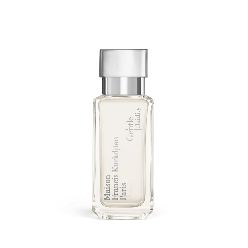 Clear rectangular glass perfume bottle with pale liquid and a silver-toned cap, featuring 'Maison Francis Kurkdjian Paris' an