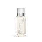 Clear rectangular glass perfume bottle with pale liquid and a silver-toned cap, featuring 'Maison Francis Kurkdjian Paris' an
