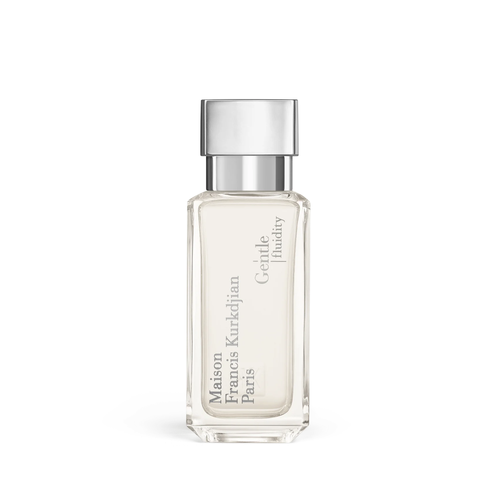 Clear rectangular glass perfume bottle with pale liquid and a silver-toned cap, featuring 'Maison Francis Kurkdjian Paris' an