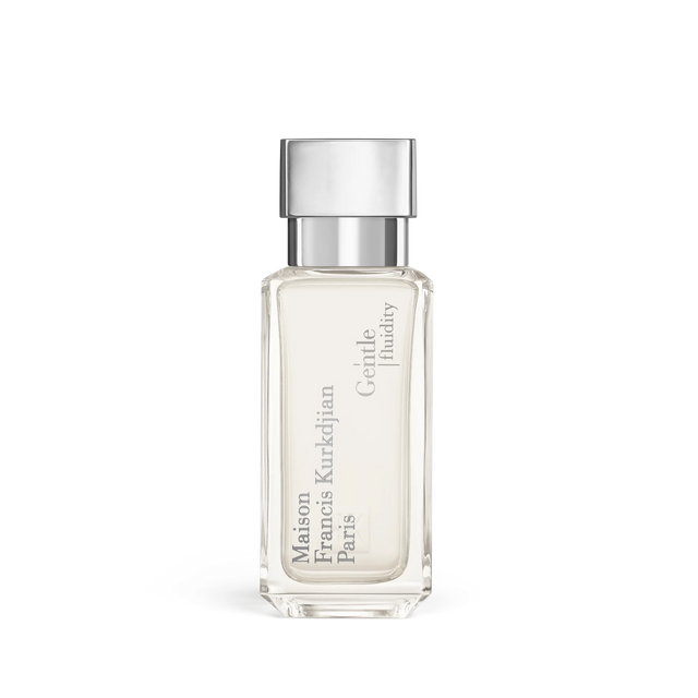 Clear rectangular glass perfume bottle with pale liquid and a silver-toned cap, featuring 'Maison Francis Kurkdjian Paris' an