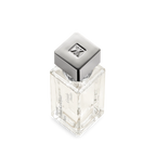 Clear rectangular glass perfume bottle with a silver-toned square cap featuring an embossed FK logo. Brand text on side.
