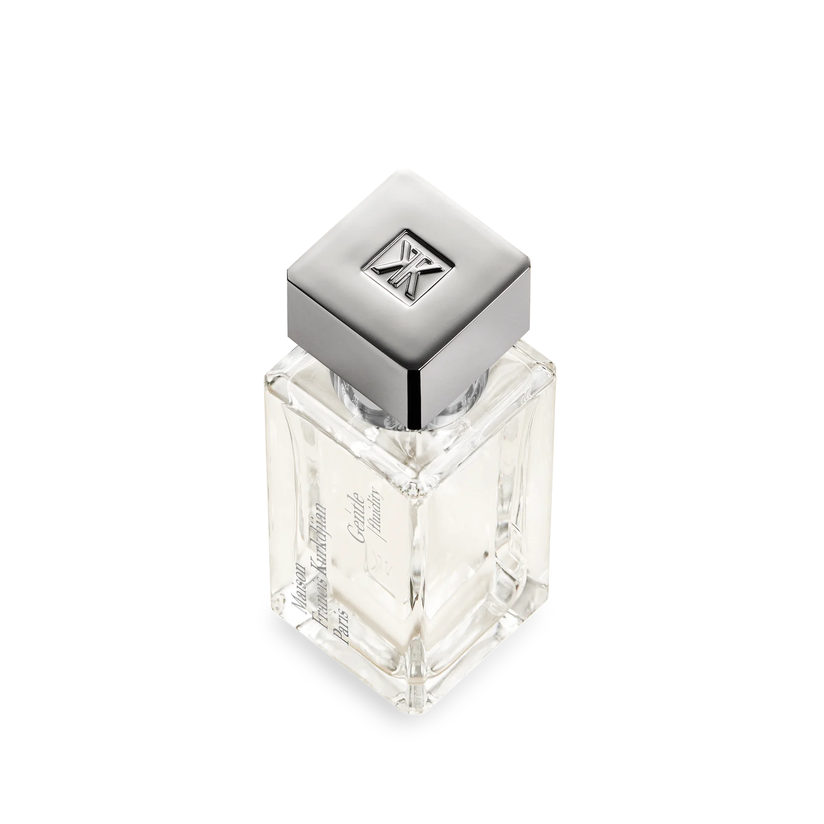 Clear rectangular glass perfume bottle with a silver-toned square cap featuring an embossed FK logo. Brand text on side.