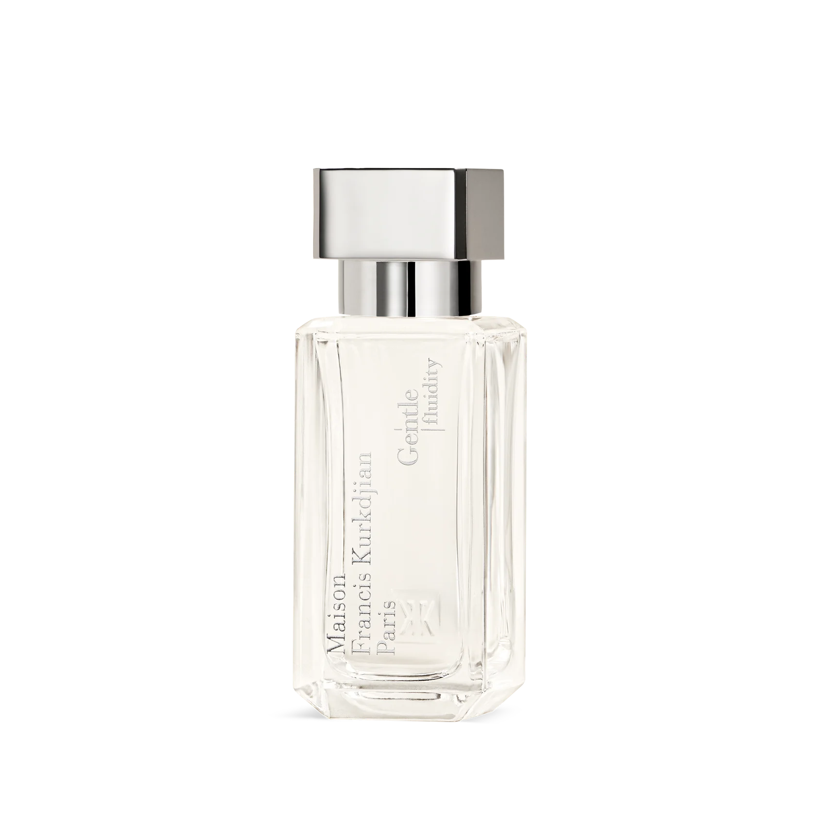 Clear rectangular perfume bottle with faceted edges, light liquid, silver-toned cap. 'Maison Francis Kurkdjian Paris Gentle f