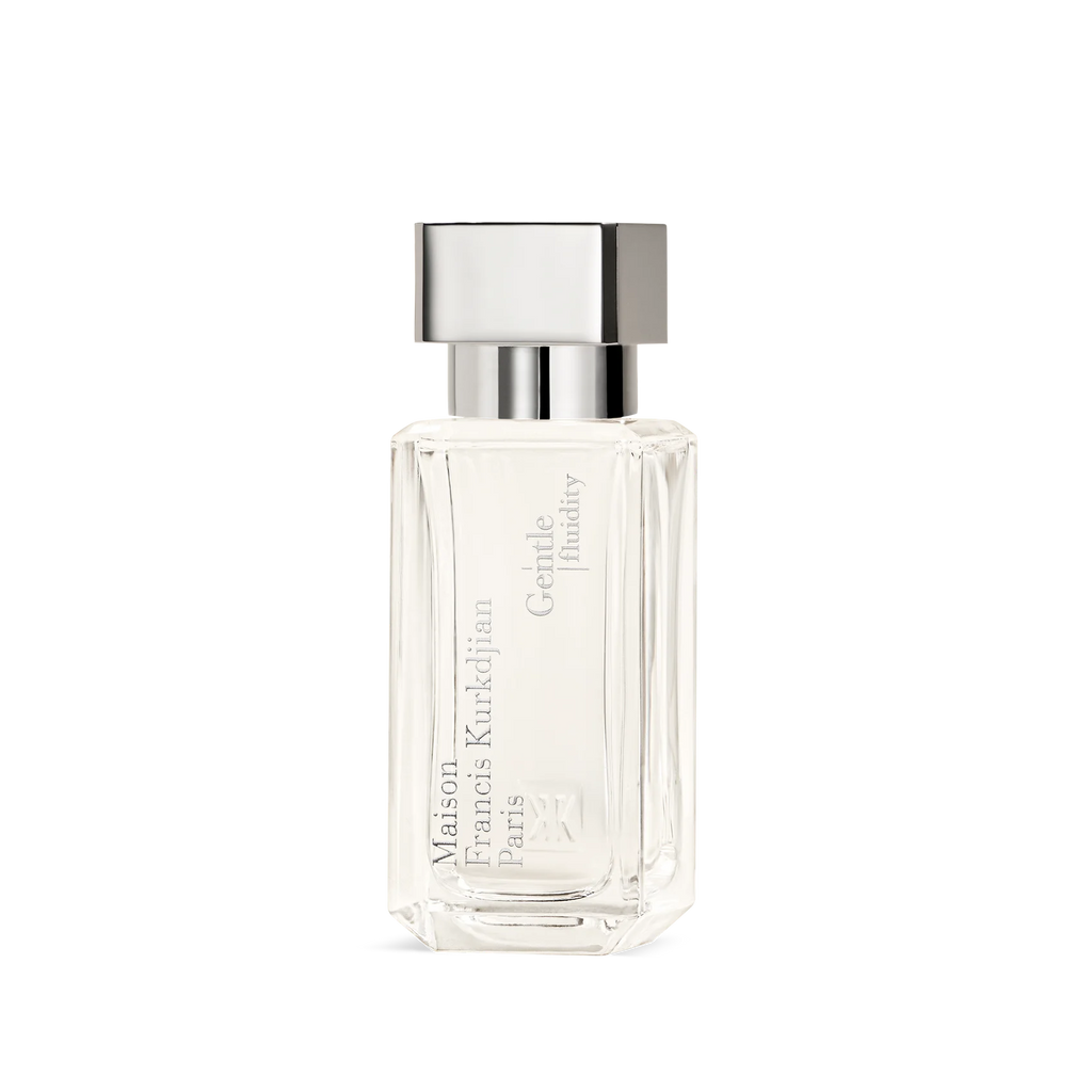 Clear rectangular perfume bottle with faceted edges, light liquid, silver-toned cap. 'Maison Francis Kurkdjian Paris Gentle f