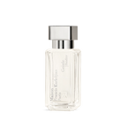 Clear rectangular perfume bottle with faceted edges, light liquid, silver-toned cap. 'Maison Francis Kurkdjian Paris Gentle f