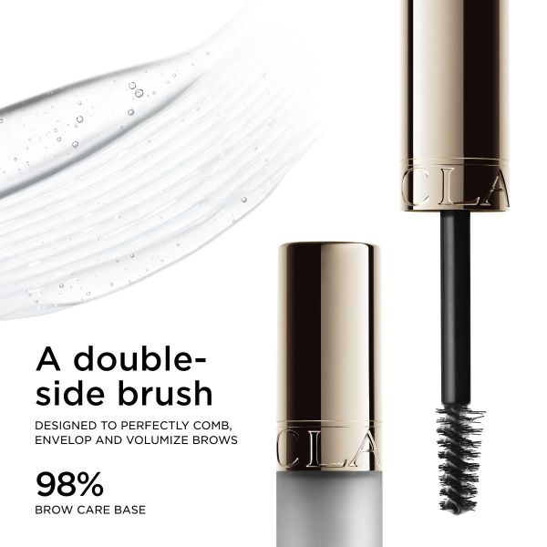 Brow gel tube with gold-toned cap, frosted clear body, and a black bristled brush applicator with clear gel.