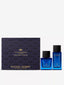 Thameen Peacock Throne fragrance and hair mist gift set with two blue glass bottles and a dark blue patterned box.