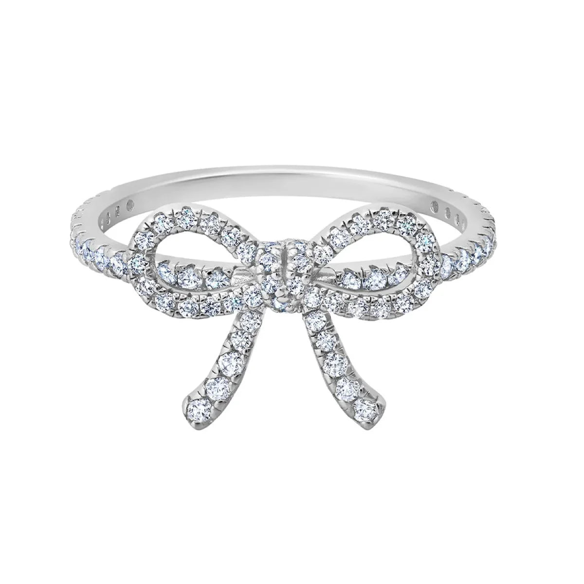 Silver-toned ring with a bow design, entirely encrusted with clear, brilliant-cut simulated diamonds.