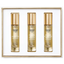 White gift set box containing three clear glass fragrance bottles with gold-toned caps and labels for Creed Aventus, Green Ir