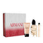 Giorgio Armani Si Eau de Parfum gift set with a clear glass bottle, a light peach body lotion tube, and a slender peach trave