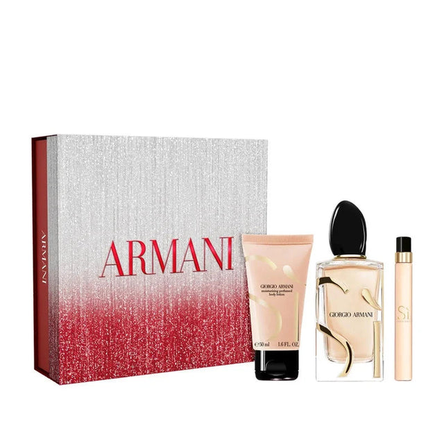 Giorgio Armani Si Eau de Parfum gift set with a clear glass bottle, a light peach body lotion tube, and a slender peach trave