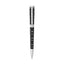 Black lacquered ballpoint pen with silver-toned geometric pattern and silver-toned cap and tip. Brand name "Saint Honore Pari