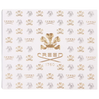 White rectangular box with repeating gold-toned and silver-toned Creed emblems. Gold-toned plumed crest above 'CREED 1760'.
