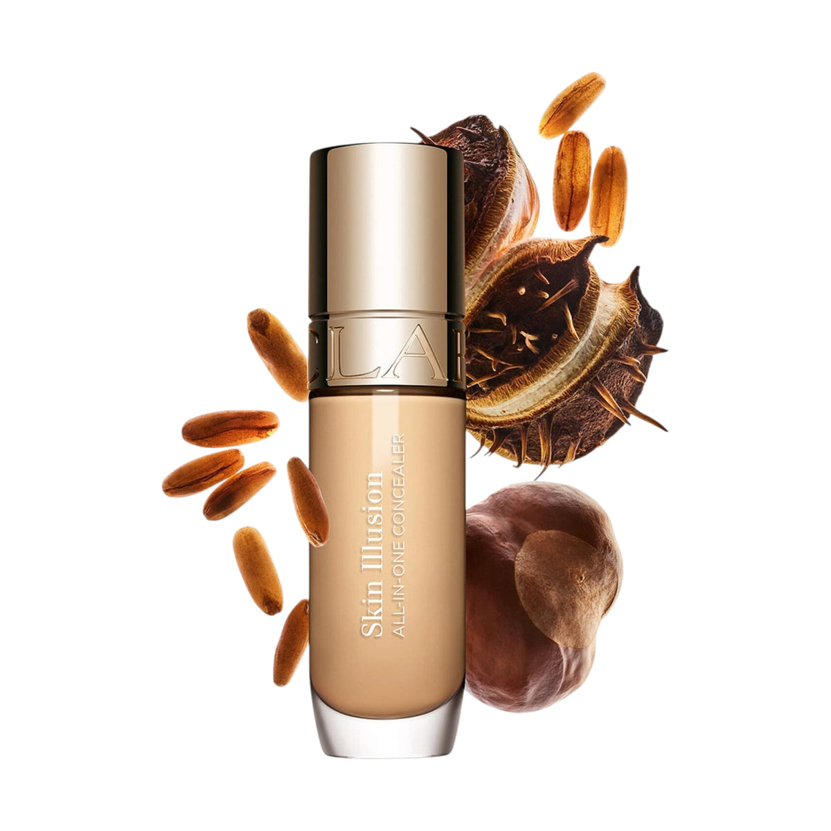 Light beige concealer in a clear glass bottle with a gold-toned cap. "Skin Illusion ALL-IN-ONE CONCEALER" is printed on the b