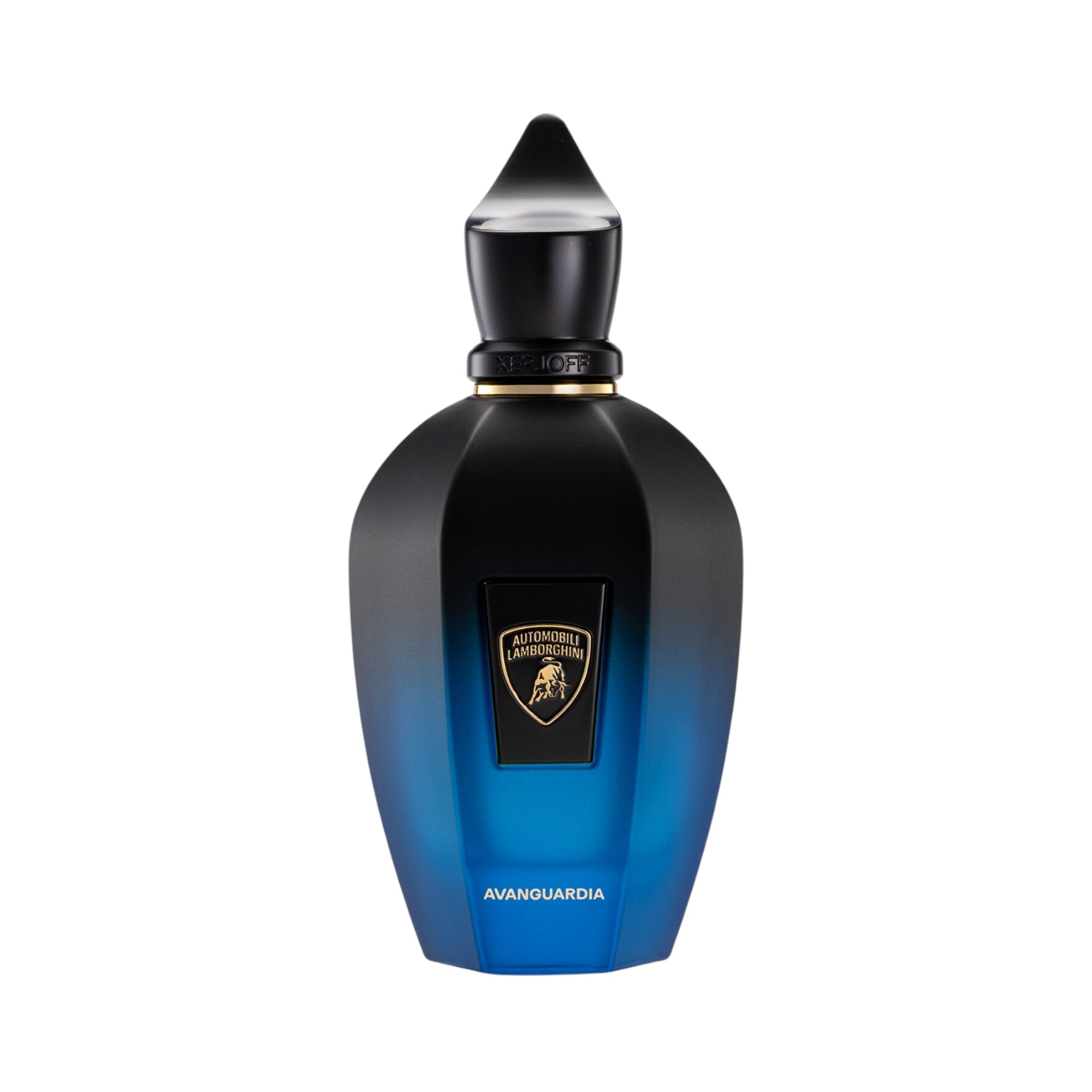 XERJOFF BLENDS AVANGUARDIA 100ml parfum bottle with a black to blue gradient finish and a black faceted cap.