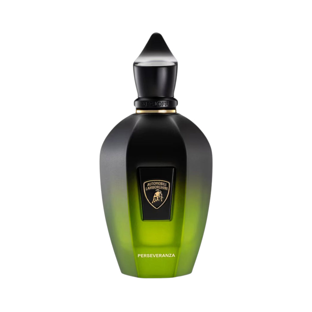 Black to lime green ombre perfume bottle with a pointed black cap. Features a black label with a gold-toned bull logo and 'PE