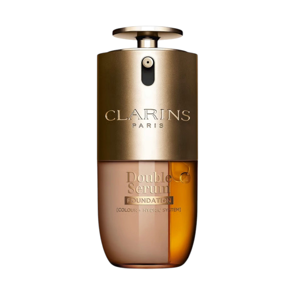 Clarins Double Serum Foundation in a clear glass bottle with a gold-toned top, containing beige foundation and amber serum. Main image