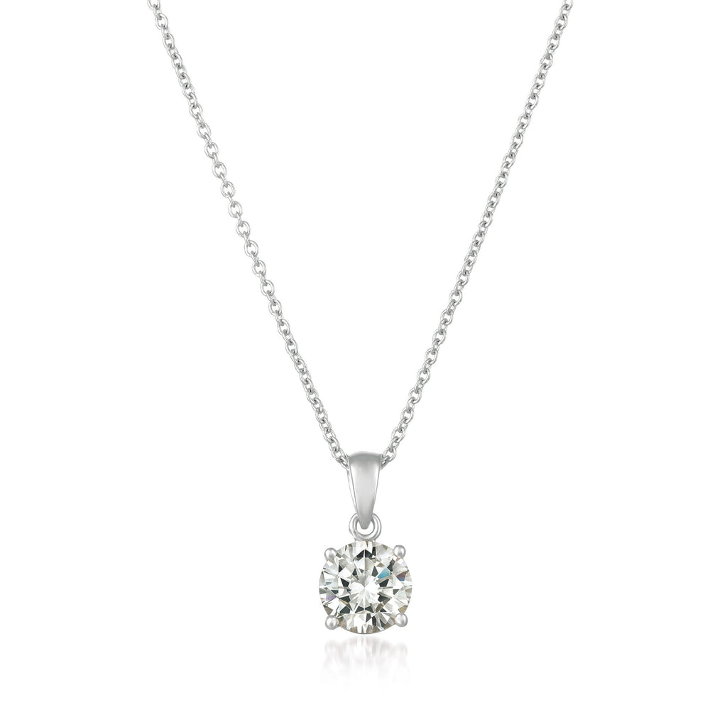 Silver-toned chain necklace with a single round, brilliant-cut clear stone pendant in a four-prong setting.