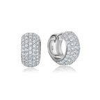 Pair of silver-toned round hoop earrings, entirely covered in clear pave-set stones, with a hinged closure.