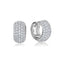 Pair of silver-toned round hoop earrings, entirely covered in clear pave-set stones, with a hinged closure.
