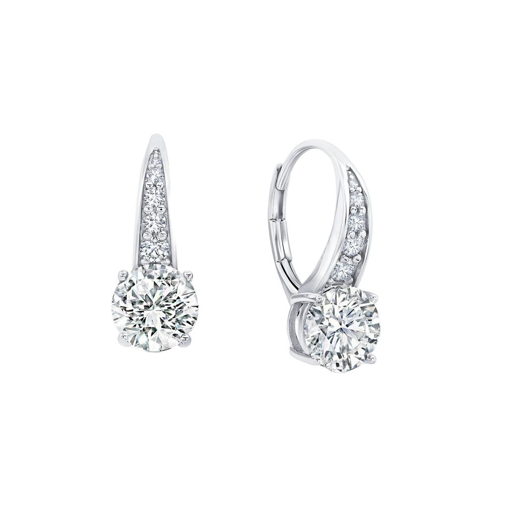 A pair of silver-toned leverback earrings, each featuring a large round brilliant-cut clear stone and smaller pavé-set clear